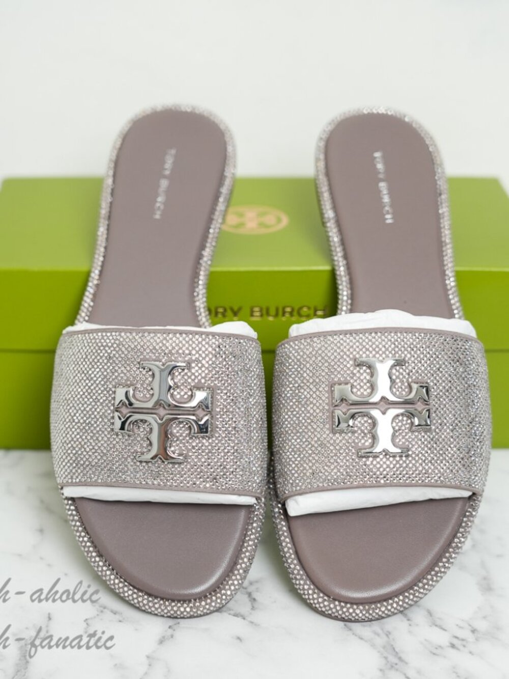 Tory Burch Everly Rhinestone Slide Sandals in Dark Clay/Crystal size 9 NIB